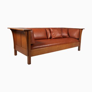 Arts & Crafts Mission Oak Three Seat Sofa in Brown Leather by Gustav Stickley
