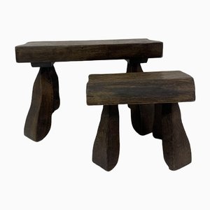 Tavolini brutalisti in legno massiccio, anni '70, set di 2
