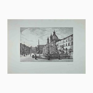 Giuseppe Malandrino, View of Piazza Navona, Original Etching, 1970