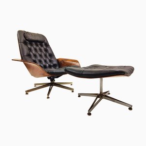 Swivel Lounge Chair in Black Leather with Plywood Armrests and Ottoman by George Mulhauser, Set of 2
