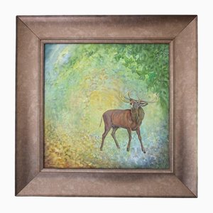 Adrian Smith, grande scène de forêt avec cerf, huile sur toile, encadrée