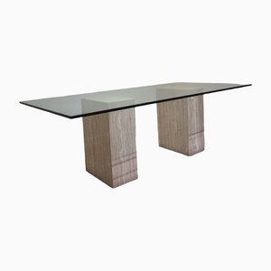 Italian Dining Table in Travertine with Glass Top, 1970s