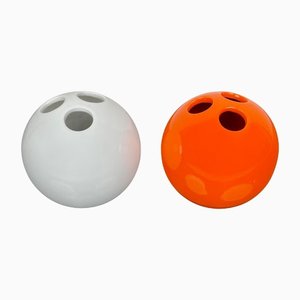 Italian Bowling Ball Vases in Orange and White Ceramic by Il Picchio, 1970s, Set of 2