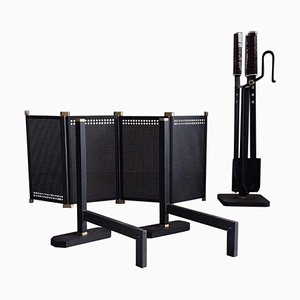 Fireplace Set in Iron and Brass by Tobia & Afra Scarpa for Dimensione Fuoco, 1980s, Set of 9