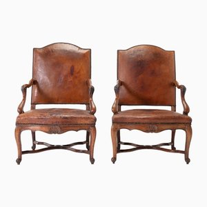 18th Century French Walnut and Leather Armchairs, Set of 2