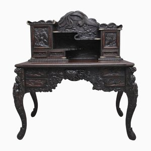 19th Century Highly Carved Japanese Desk and Chair, Set of 3