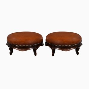 Victorian Walnut and Leather Footstools, 1870s, Set of 2