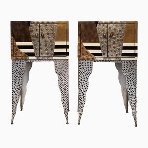 Living Room Dressers in Lacquered Wood and Hammered Metal, 1990, Set of 2
