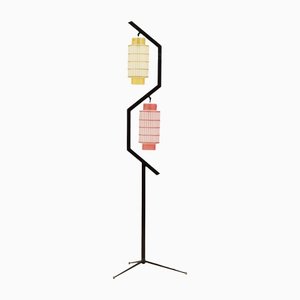 Italian Geometric Floor Lamp with 2 Painted Glass Shades, 1960s