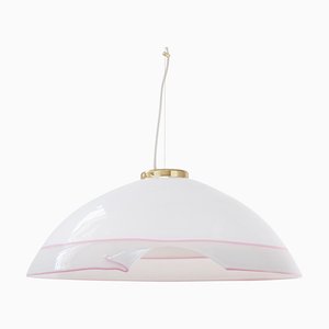 Lámpara de techo italiana grande de cristal de Murano blanco con acabados en rosa y gris, años 80