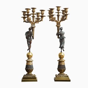 French Empire Candelabra in Gilt and Burnished Bronze, 19th Century, Set of 2