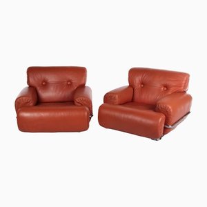 Italian Leather Lounge Chairs, 1970s, Set of 2