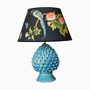 Tuscany Ceramic Pigna Azzurra Lamp with Cotton Lampshade from Dolfi