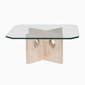 Mid-Century Italian Travertine and Glass Coffee Table from Up&Up