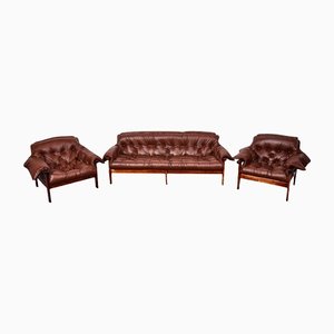 Mid-Century Leather Sofa and Armchairs by Percival Lafer, 1970s, Set of 3