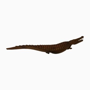 Large Hand-Carved Mahogany Crocodile Sculpture, 1970s