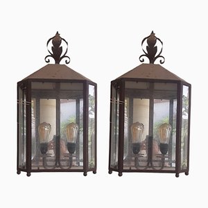 Vintage Sconces in Wrought Iron and Glass, Set of 2