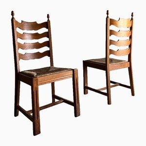High Back Chairs in Oak with Rush Seat, Set of 2