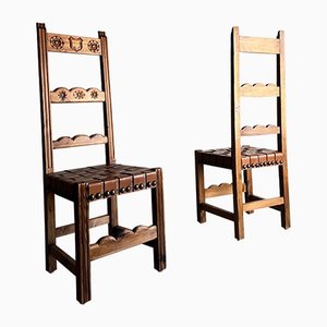 Brutalistische Stühle aus geschnitztem Holz mit Ledersitz, 6er Set