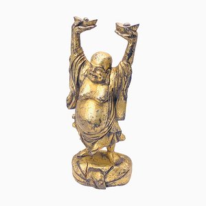 Patinated Wooden Buddha Sculpture in Gilt Color