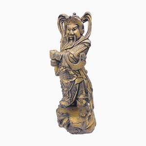 Chinese Wooden Samourai Sculpture in Gold Color