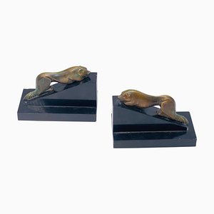 French Art Deco Sea Lions Bookends in Bronze and Marble, 1940