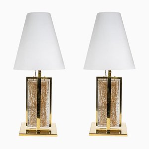 Italian Table Lamps in Glass Clear and Gold Brass, Set of 2