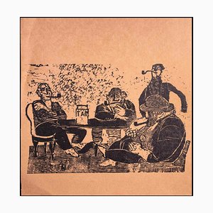 Grabado en madera original de Men Who Smoke the Pipe, principios del siglo XX