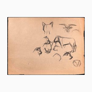 Dibujo original de gato, perro y cabra, principios del siglo XX