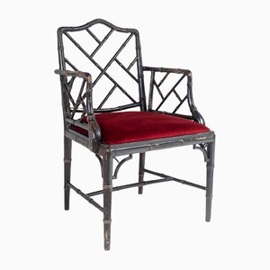 Chinesischer Chippendale Stil Stuhl aus Ebonisiertem Kunstbambus mit Rotem Samt Sitz