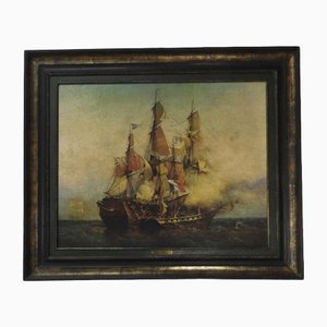 Ships Sea Battle, Oil on Canvas, Framed