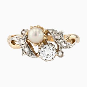 French Pearl Diamond 18 Karat Yellow Gold You and Me Ring, 1920s