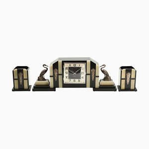 Kamin Set mit Art Deco Uhr, 3er Set