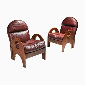 Arcata Easy Chairs by Gae Aulenti, Walnut and Burgundy Leather, 1968 From Poltronova, Set of 2