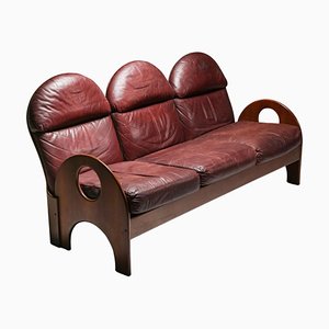 Walnut and Burgundy Leather Arcata 3-Seater Sofa by Gae Aulenti for Poltronova, 1968