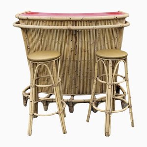 Tiki Bar in Bamboo with Stools, Set of 3