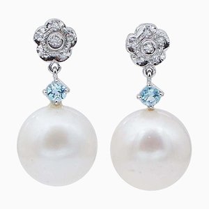 Aretes colgantes de platino con perlas blancas, aguamarina y diamantes. Juego de 2