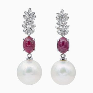 14 Karat White Gold Dangle Earrings with White Pearls, Rubies and Diamonds, Set of 2