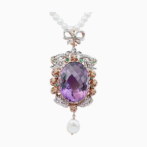 14 Karat Rose Gold and Silver Pendant Necklace with Pearls, Amethyst, Emeralds and Diamonds