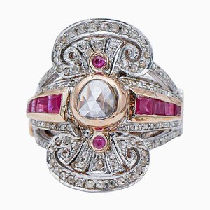 Bague en Or Rose 14 Carats et Argent avec Rubis et Diamants