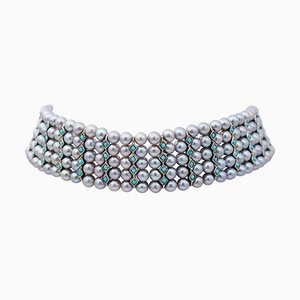 Grey Pearls, Turquoise, Rose Gold and Silver Beaded Choker Necklace