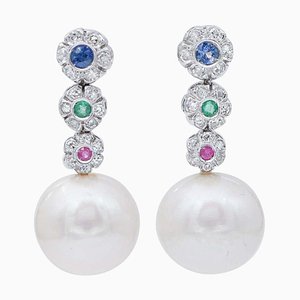 14 Karat White Gold Earrings with White Pearls, Sapphires, Rubies, Emeralds and Diamonds, Set of 2