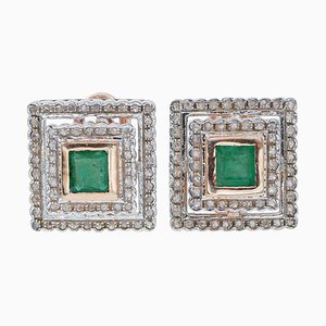 Silberne Ohrringe mit Smaragden, Diamanten und Roségold, 2er Set