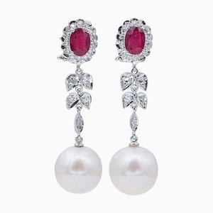 Platinum Dangle Earrings with White Pearls, Rubies and Diamonds, Set of 2