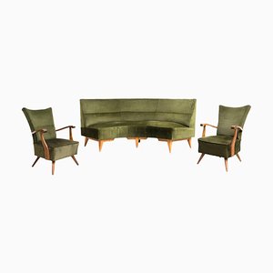 Butacas y sofá de terciopelo verde y roble, años 50. Juego de 3