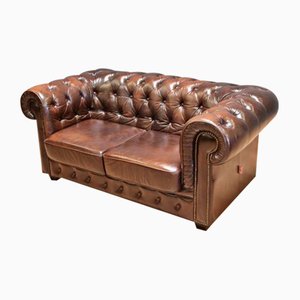 Mid-Century English 2-Seat Chesterfield Leather Sofa