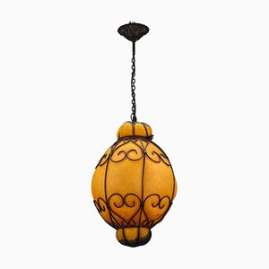 Venetian Style Pâte de Verre Glass Metal Caged Lantern Pendant Light