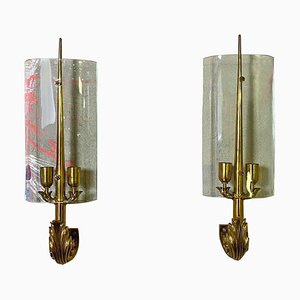 Mid-Century Modern Italian Brass and Crystal Wall Lamps, 1960s, Set of 2