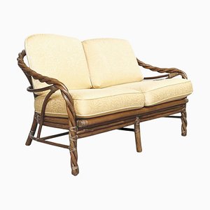 Mid-Century American Rattan and Beige Fabric Sofa from McGuire, 1970s