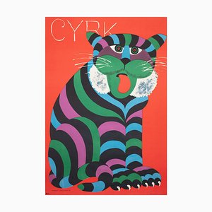 Large Polish Stripy Cat Circus Poster by Hilscher, 1975